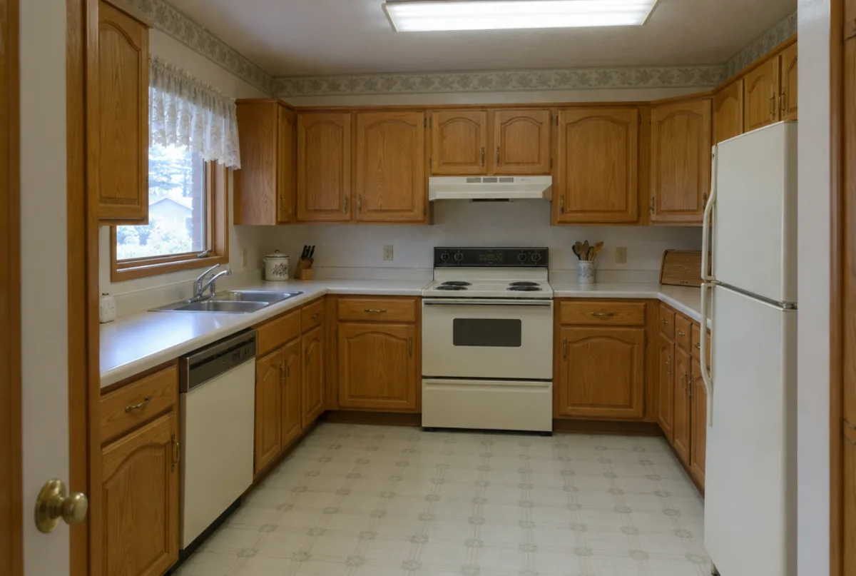 Illustrative cabinet design: Dated kitchen with honey oak raised-panel cabinets, laminate counters, an almond range and a fluorescent ceiling light