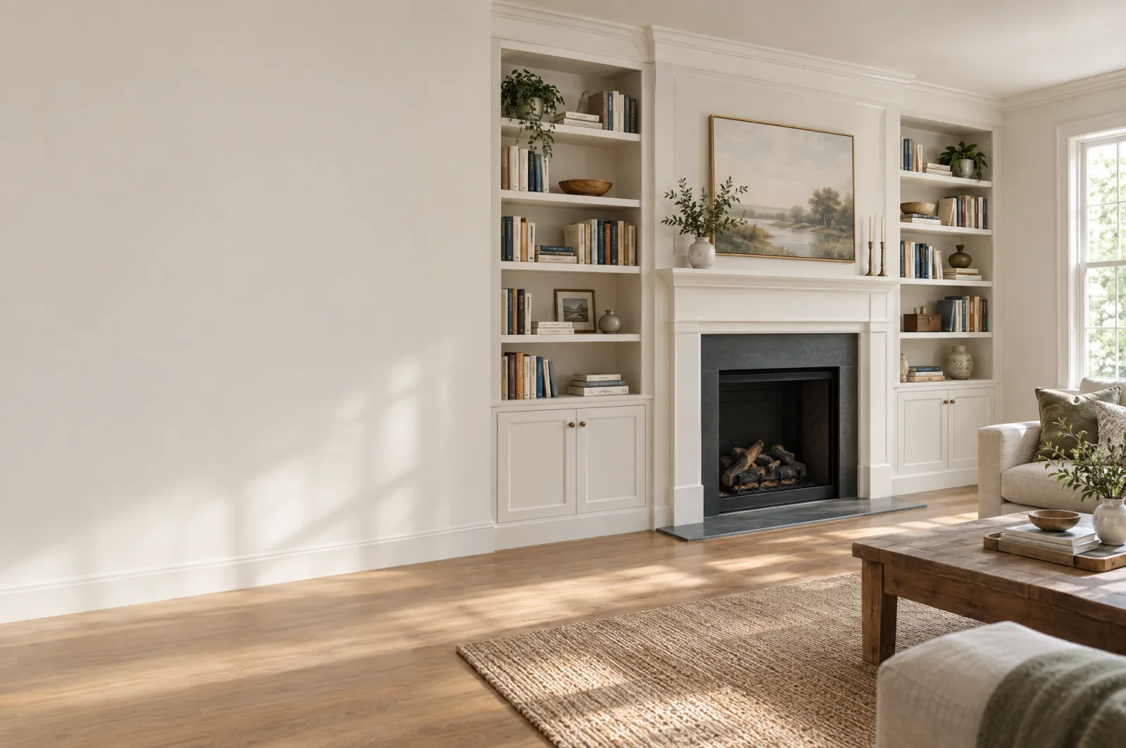 Illustrative cabinet design: Living room wall of warm white built-in bookcases around a fireplace, shelves holding books and a landscape painting, a jute rug and wood table in front