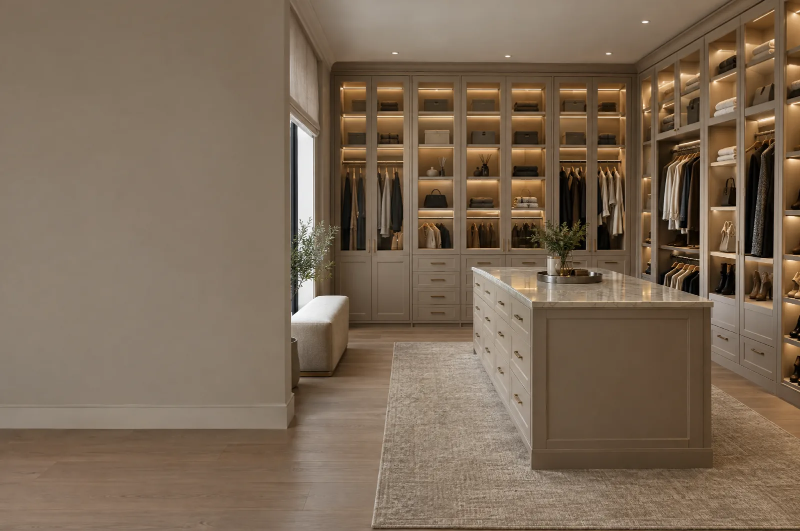 Illustrative cabinet design: Walk-in closet with floor-to-ceiling taupe cabinetry, lit glass-front upper cabinets, hanging sections and a drawer island in the centre